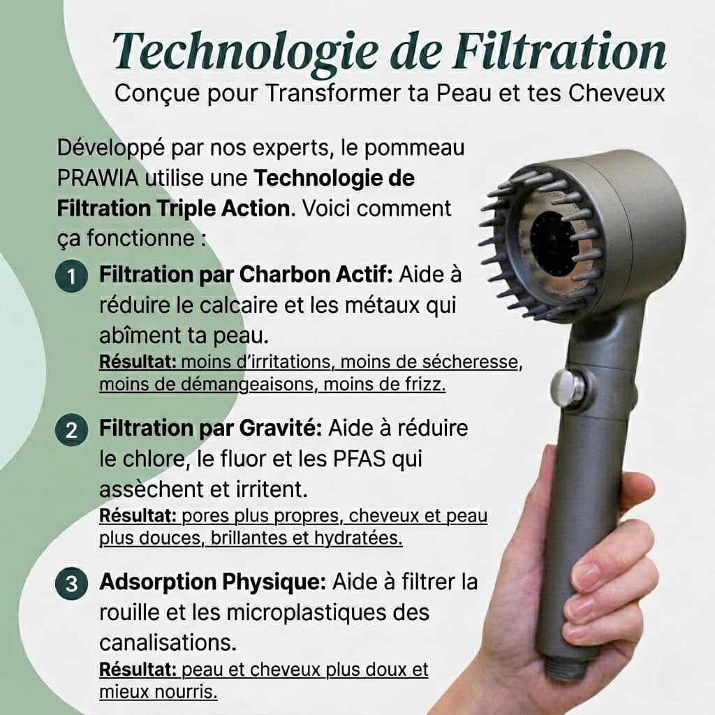 Pomme de Douche PRAWIA — Filtration Ionique Tri-Action