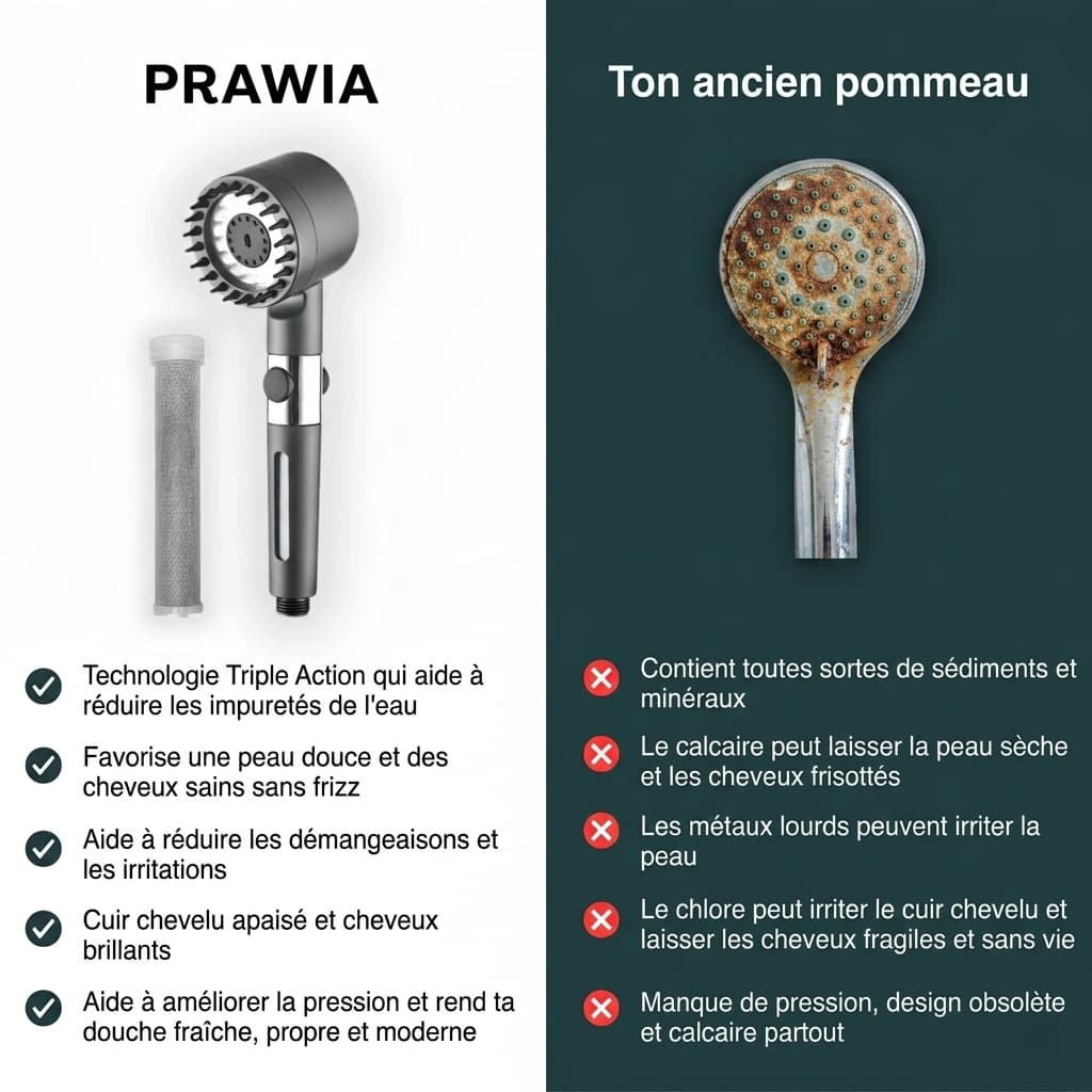 Pomme de Douche PRAWIA — Filtration Ionique Tri-Action